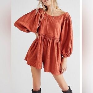 Free People Beach Beyond Obsessed Romper Gauze Smocked Ruby Dust Pink Medium